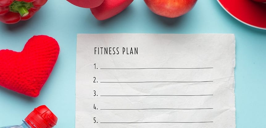 When you think youll fail at fitness but i know you wont. Fitness plan list on blue background with vegetables, heart, hand weights in red.